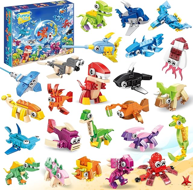 The 24 Party Favors Kids Building Blocks Dinosaur, Sea Animals Pool Party Favors Building Set for Birthday, Classroom Prizes,Goodies Bag Filling, Gift for Boys and Girls Ages 6-12