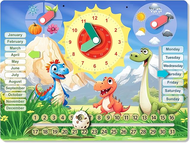 The 6 in 1Dinosaur Shaped Montessori Wooden Calendar Clock, Early Learning Educational Games Teaching Clock for Learning The Time, Date, Days of The Week, Months, Seasons and Weather for Kids 2+