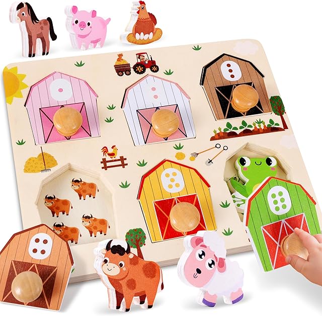 The Wooden Puzzles for Toddlers 1-3, Farm Animals Jumbo Knob Safety Chunky Baby Peg Puzzles, Montessori Toys for 1+ Year Old, Number and Color Match, Preschool Learning, Boy Girl Birthday Gifts