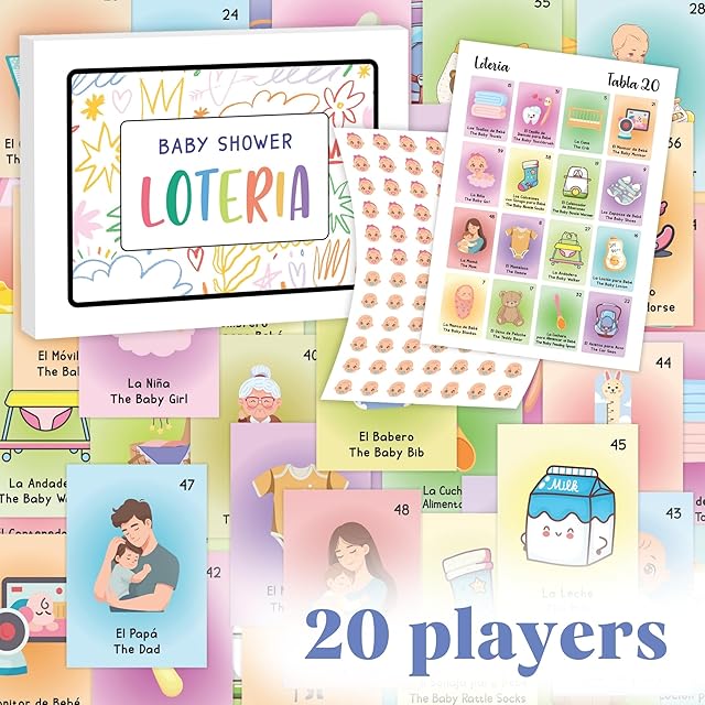 The Baby Shower Loteria Bilingual - Baby Loteria for Shower Games Spanish and English for 20 Players, Funny Bingo Game for Boy Girl