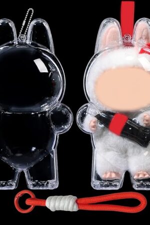 The Protective Case for LABUBU Surprise Shake Doll,Clear Plastic Display Protective Cover PVC Bag Hanging Model Box with Keychain, Standing Soda Bottle