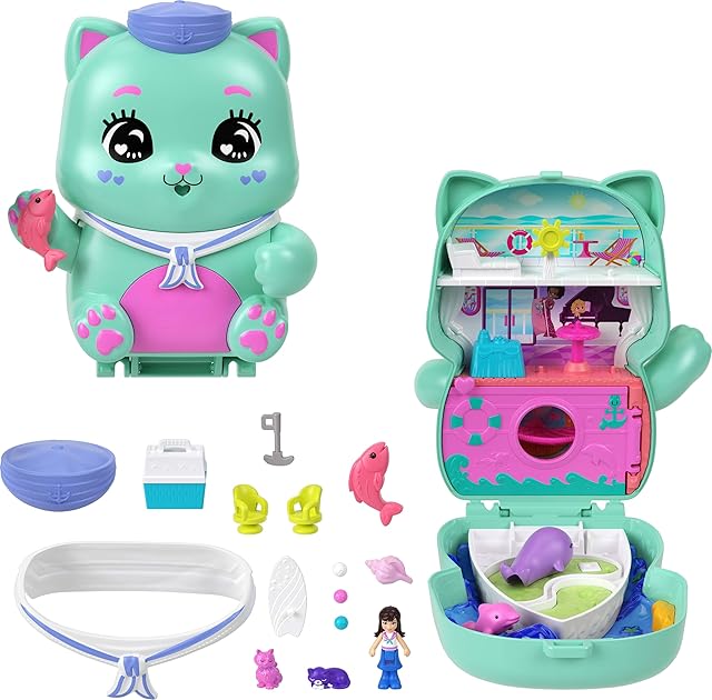 The Polly Pocket Dolls and Playset, Set Sail Kitty Compact, Travel Toy with 1 Micro Doll, Pet Cats, Food & Fashion Styling Accessories