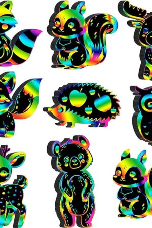 The RoundFunny 80 Pcs Woodland Animals Scratch Card for Kids Forest Animals Craft Scratch Paper Craft Kits with 80 Pcs Stick and Ribbon for Birthday Woodland Camping Party Favors