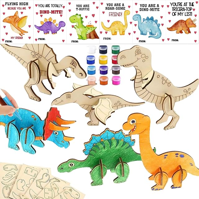 The Wood Crafts Dinosaur Cutout Party Decorations Dinosaurs Cards with Dinosaurs DIY Wood Painting Crafts Bulk 24 Set 3D Puzzles Dinosaur Birthday Party Supplies - Thank You for Coming Gifts
