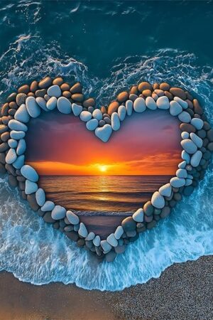 The PICKFORU Beach Puzzles for Adults 1000 Piece, Ocean Heart Colorful Sunset Jigsaw Puzzle Scenic Scenery, Summer Marine Love Themed