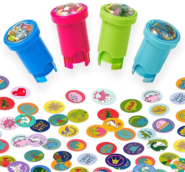 The Giant bean Sticker Stamper, 4 Pack of 640 Motivational Sticker Stamps for Kids, Animal Dino Unicorn Theme Cartoon Reward Designs, Teacher Praise Designs for School Supplies Art and Craft Toys