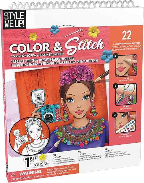 The Style Me Up: Color & Stitch, Kids Art Kit, Includes 22 Illustrated Sheets of Paper, Templates Feature a Range of Designs, for Ages 8 and up