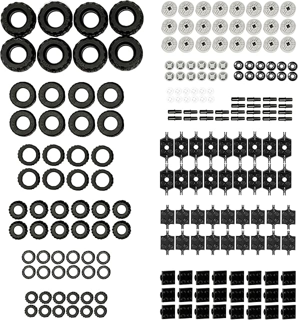 The Barcaloo 144 Piece Wheels and Axles Sets, Building Bricks Car Parts and Pieces Kit - Car Building Set with Wheels, Axles & Windshields