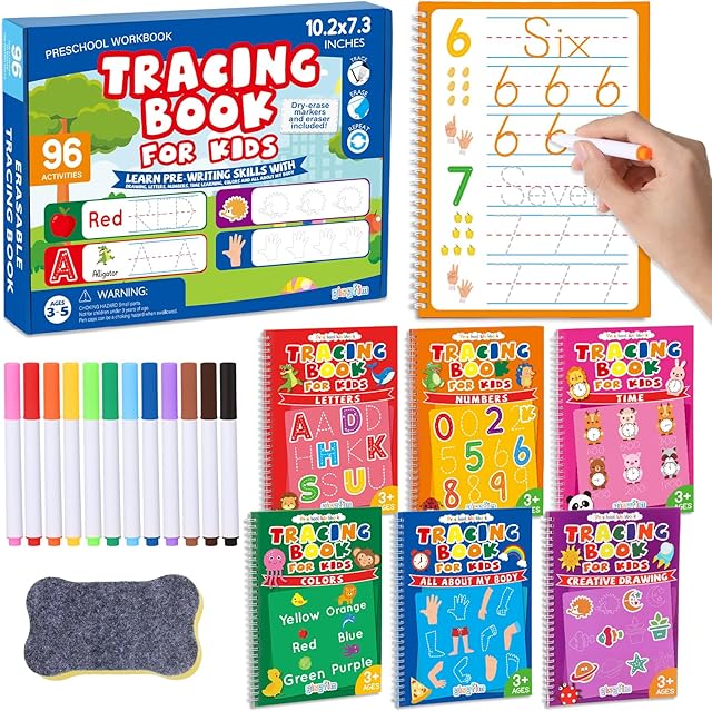The gisgfim 96 Preschool Learning Activities Tracing Books for Kids Toddler Handwriting Practice Reusable Letter Kindergarten Workbooks Autism Learning Materials Educational Toys Busy Book 6 Pads