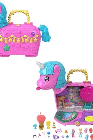The Polly Pocket Dolls & Playset with Pets & 25+ Surprise Accessories, Birthday Celebration Unicorn Partyland Playset, Hot Air Balloon Ride