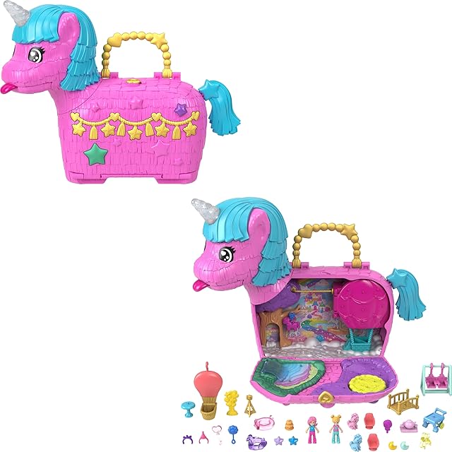 The Polly Pocket Dolls & Playset with Pets & 25+ Surprise Accessories, Birthday Celebration Unicorn Partyland Playset, Hot Air Balloon Ride