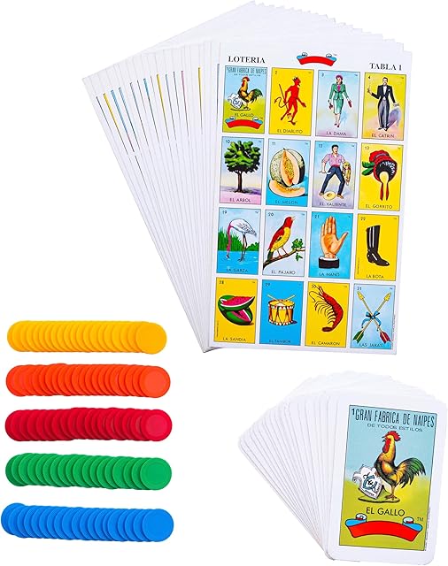 The Loteria Mexican Bingo Game Kit - for 20 Players - Includes 1 Deck of Cards and Boards - with 100 Bingo Chips - for The Entire Family - Great for Learning Spanish.