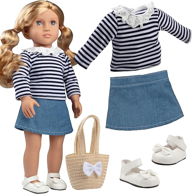 The Casual Back to School Day Doll Outfit for 18" Dolls - Premium Handmade Clothes -4 Piece Clothes Set Costume Includes Shirt, Skirt, Shoes, & Purse, Gifts for Girls Kids Birthday