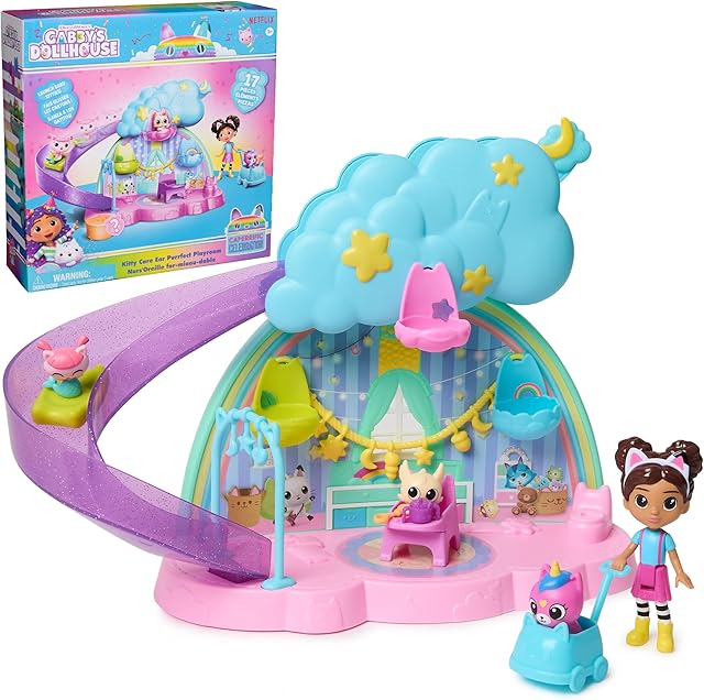 The Gabby's Dollhouse Kitty Care Ear Purrfect Playroom – 17-Piece Playset with 4 Toy Figures, Dollhouse Furniture, Doll Accessories & Baby Doll Stuff for Kids Ages 3+