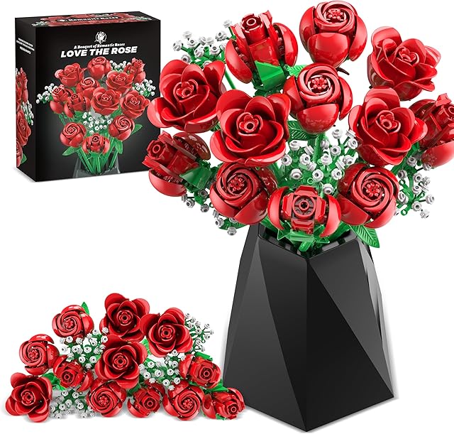 The Red Rose Bouquet Building Set, 960PCS Roses Flowers Artificial Flowers Botanical Collection Blocks Kit for Adults Women Gift for Valentines & Mother's Day Home Decor Flower Decorations