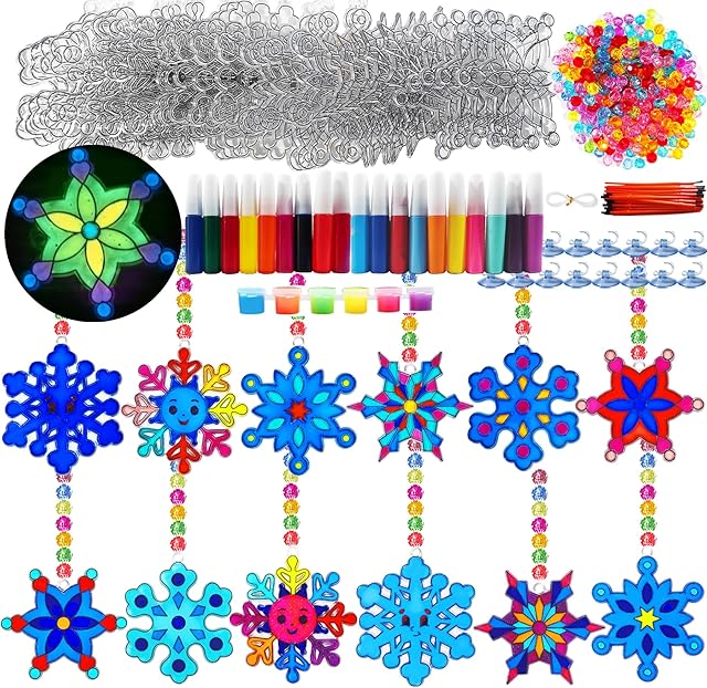The 30 Sets Winter Snowflake Suncatchers Craft Kits DIY Glow In The Dark Window Paint Art Kit Christmas Snowflake Craft for Classroom Winter Christmas Holiday Seasonal Activities Art Project (Style1)