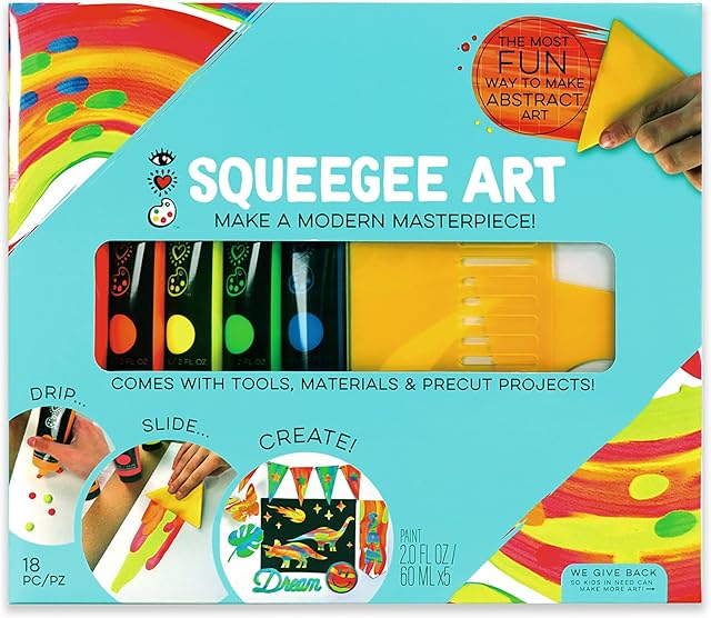 The Bright Stripes iHeartArt Squeegee Art Kids Paint Kit, Childrens Painting Crafts Creativity Set, Including Paints, Squeegees, Paper, Stickers, Punch Outs and Work Surface, Great Creative Gifts