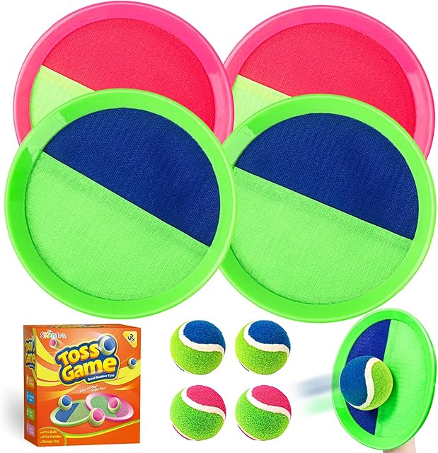 The Shemira Toss and Catch Ball Game Set, Beach Pool Yard Outdoor Toys Games for Kids Ages 4-8-12, Lawn Beach Camping Outdoor Games for Adult Family, Birthday Summer Gifts for Kids, 4 Paddles 4 Balls