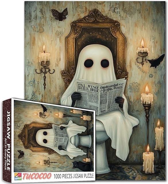 The 1000 Pieces Halloween Ghost Puzzle for Adults, The Horror Little Devil Reading Newspapers Puzzle Pieces,Holiday Party Gifts,Best for Family Game Play Collection,Wall Decor 19.7 x 27.6 Inch