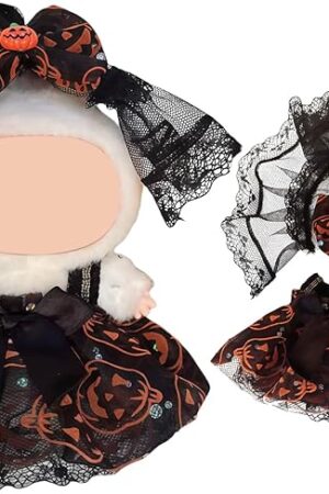 The Pumpkin Clothes for 17cm LB Doll–2-Piece Cute (Clothes Only) Halloween Set Including Black Lace Pumpkin Bow – Handmade Fashion 17cm Accessories for Spooky Doll Dress-Up