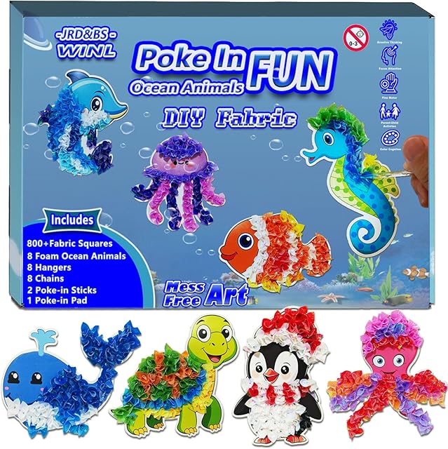 The JRD&BS WINL Magical Ocean Animal Poke Art - Dolphin, Jellyfish, Seahorse, Turtle, Octopus | No-Mess Craft Kit for Kids 4-9 | Marine Biology Learning Toy | Creative Gift for Preschoolers