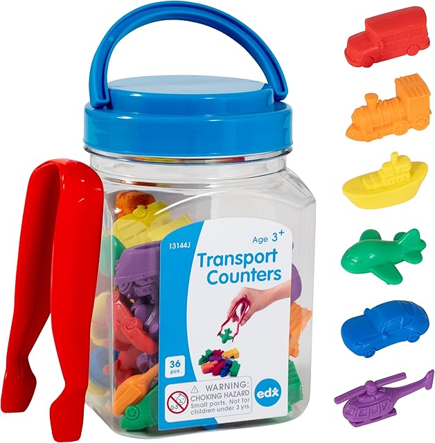 The edxeducation Transport Counters - Mini Jar - Set of 36 - Learn Counting, Colors, Sorting and Sequencing - Hands-on Math Manipulative for Kids