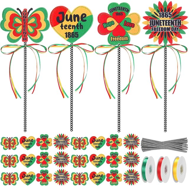 The 77 Pcs Juneteenth Party Favor Supplies Wand Craft Kits 24 Set DIY Felt Craft Heart Butterfly Rainbow Flower Felt Straw Ribbons for 1865 Freedom Day Juneteenth Activities Outdoor Decoration