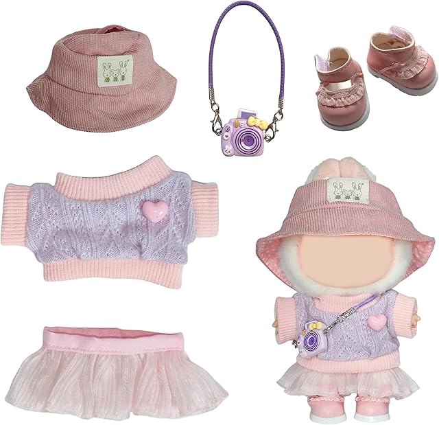 The 5-Piece 17cm Doll Outfit Set - Knit Top, Mini Replica Camera - Pink Fashion Outfit Set for Collectible Figures - (Hats, Dresses, Skirts, Slung Accessories , Shoes ) No Doll Included