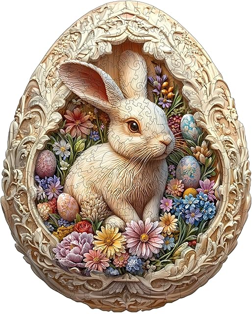 The Wooden Puzzles for Adults 280 Pices, 3D Rabbit Wooden Jigsaw Puzzle, Flat Puzzels with 3D Visual Effect, Eggshell World Easter Unique Shape Irregular Jigsaw Puzzles, Finished Puzzle Size is 14.9*12in