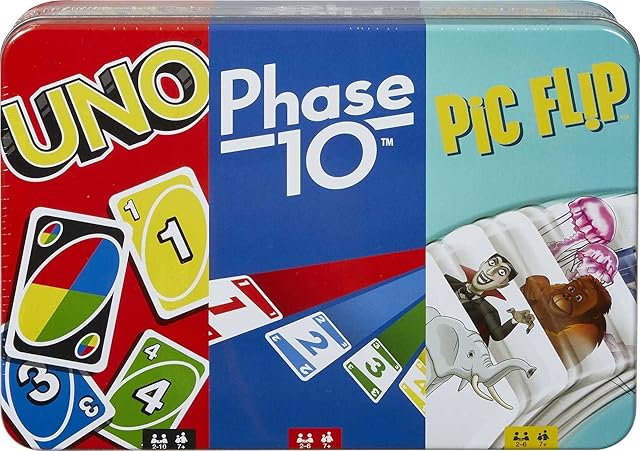 The Mattel Games UNO, Phase 10 and Pic Flip Bundle, 3 Mattel Card Games in Decorative Storage Tin, For Kid, Family & Adult Game Night, 7 Years & Up
