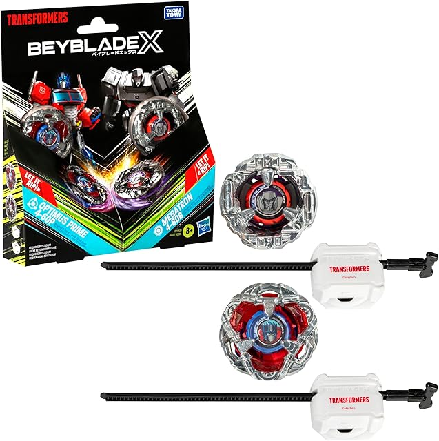 The Beyblade X Transformers Collab Optimus Prime 4-60P vs. Megatron 4-80B Multipack Set with 2 Tops & 2 launchers; Battling Top Toys for 8 Year Old Boys & Girls (Amazon Exclusive)