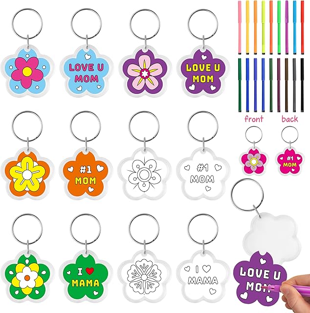 The BeYumi Mother's Day Keychains Crafts - 36Pcs Color Your Own Acrylic Flower Keychains Bulk DIY Flower Key Ring Set for Kids Love U Mom Thankful Coloring Card School Classroom Party Favor Gifts Activity