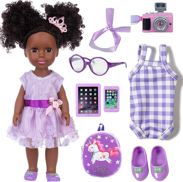 The ZNTWEI 14.5 Inch Black Dolls and Black Baby Doll Clothes Accessories Including Unicorn Backpack Ipad Phone Glasses Shoes Camera Headband Hairpin