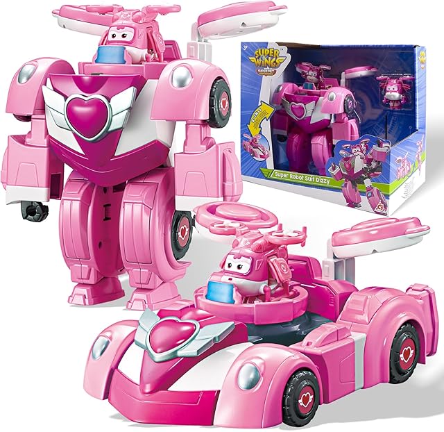 The Super Wings Transformable Toys, 7" Super Robot and 2" Mini Dizzy Transforming Suit, 2 in 1 Racing Car-Robot Action Figure for Boys and Girls Age 3+, Gifts for Preschool Kids, Pink