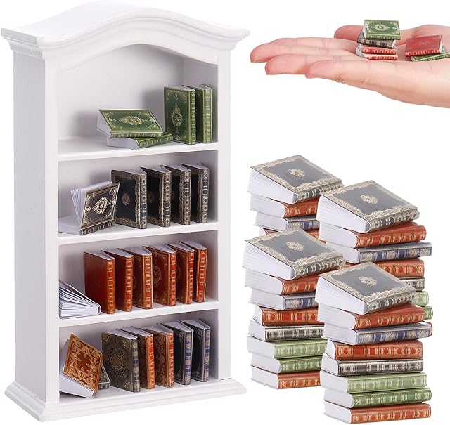 The 36 Pcs 1:12 Scale Miniatures Dollhouse Books and 1 Wooden Bookcase,4 Floors Furniture Display Bookshelf Cabinet Mini Assorted Books,Dollhouse Decoration Accessories for Home Bedroom