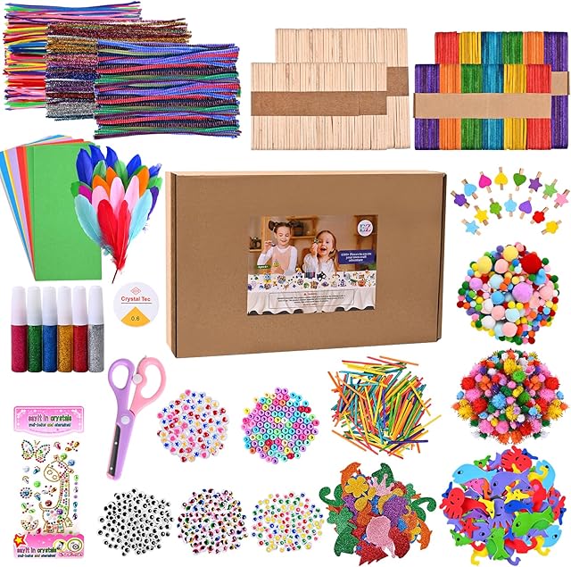 The EZKITS4KIDZ DIY Arts and Crafts Kit -1200+ Pieces Craft Supplies & Materials Box for Creative DIY School Art Craft Projects for Kids Ages 6 7 8 9 10 11 & 12 Year Old Girls & Boys