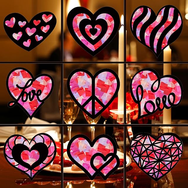 The Chinco 18 Pieces Heart Paper Suncatcher Kits for Kids Valentine‘s Day Heart Shape Suncatcher Craft and Window Stained Glass Effect Art Contact Paper for DIY Valentine‘s Day Party Supplies
