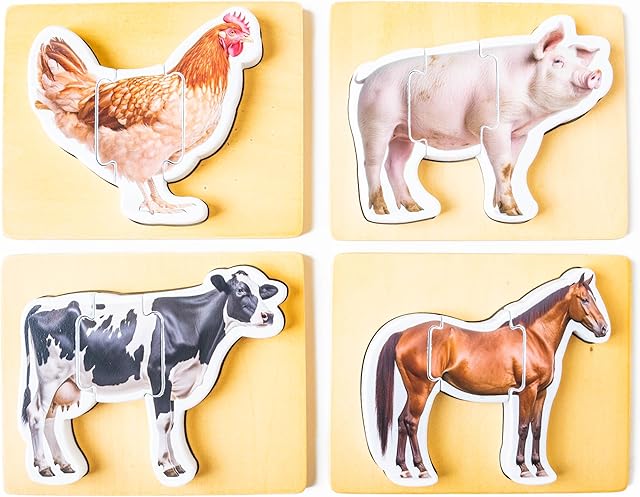 The Wooden Montessori Animal Puzzles for Toddlers 2+ Years | Realistic Chunky Farm Animal Shape Puzzle | Educational Learning Toy - Three-Piece Farm Animal Puzzles