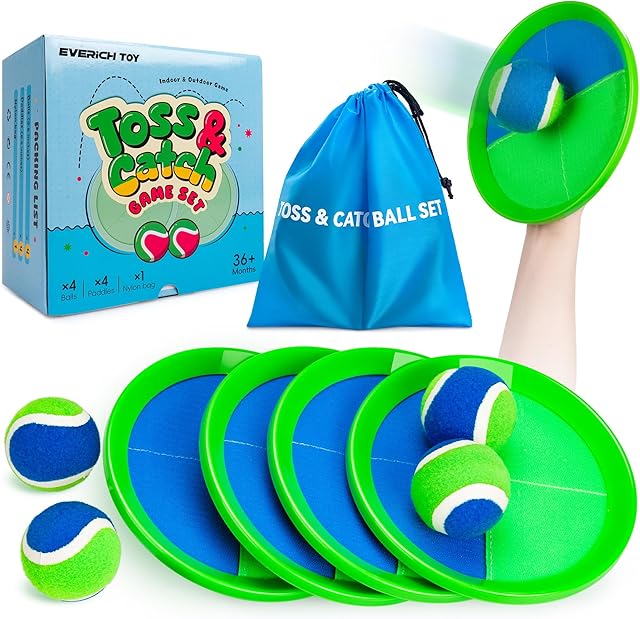 The EVERICH Upgraded Toss and Catch Ball Game Set, Outdoor Games for Kids Outdoor Toys Yard Games, Beach Pool Toys for Adults Family 4 Paddles 4 Balls, Great Gifts for Boys Girls 3 4 5 6 7 8-12 Years Old