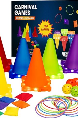 The Plastic Cones and Rings with LED Lights, Ring Toss 3 in 1 Game for Adults Carnival Game for Kids, Ring Toss,Balls and Bean Bag Hard Plastic Cones Birthday Party, Gift Kids Age 4 5 6 7 8 9 and Up