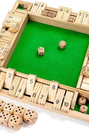 The ropoda Wooden Shut The Box Game (2-4 Players) - Large 4 Sided Board, 8 Dice, Rules - Amusing Addition Game for Kids & Adults, 12 Inch