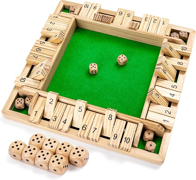 The ropoda Wooden Shut The Box Game (2-4 Players) - Large 4 Sided Board, 8 Dice, Rules - Amusing Addition Game for Kids & Adults, 12 Inch