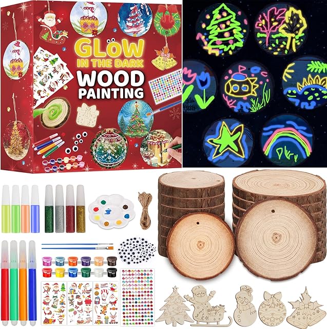 The Kids Wooden Painting Craft Kit, Glow In The Dark Arts and Crafts For Kids Ages 8-12, Natural Wood Slice Ornament Kit, Party Home Decor, DIY Art Toys Creative Gift for 8 9 10 11 12 Years Old Boys Girls