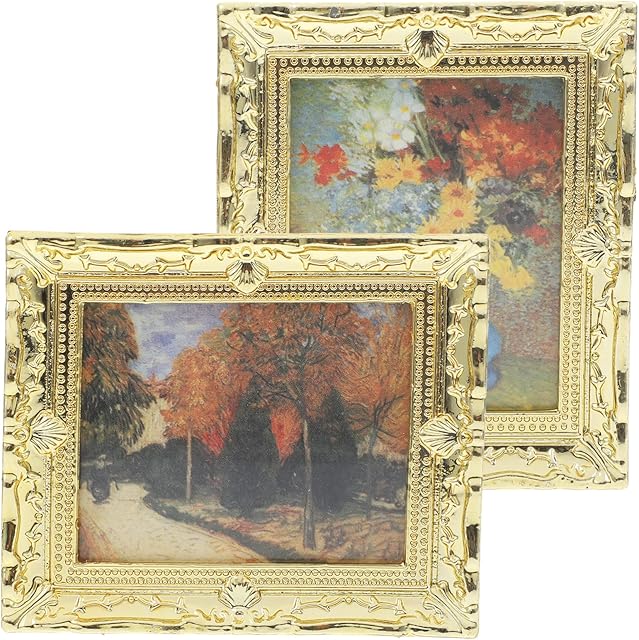 The Kisangel 2pcs Mini Dollhouse Picture Frame, Oil Painting 1:12 Antique Gold Picture Frame Model Painting Props for Miniature Home Arts
