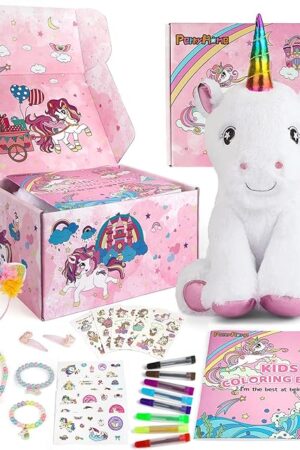 The PERRYHOME Unicorn Toys for Girls Birthday Gift Set with Stuffed Animal,Coloring Book, Unicorn Necklace & Bracelet, Girl Gift Toy Birthday Gift Nude Pink
