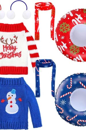 The Ramede 8 Pcs Christmas Doll Clothing Accessory Set Christmas Doll Clothes Include Earmuffs Cozy Scarf Inflatable Snow Tube Small Sweater for Doll Accessories Doll Outfit Costume