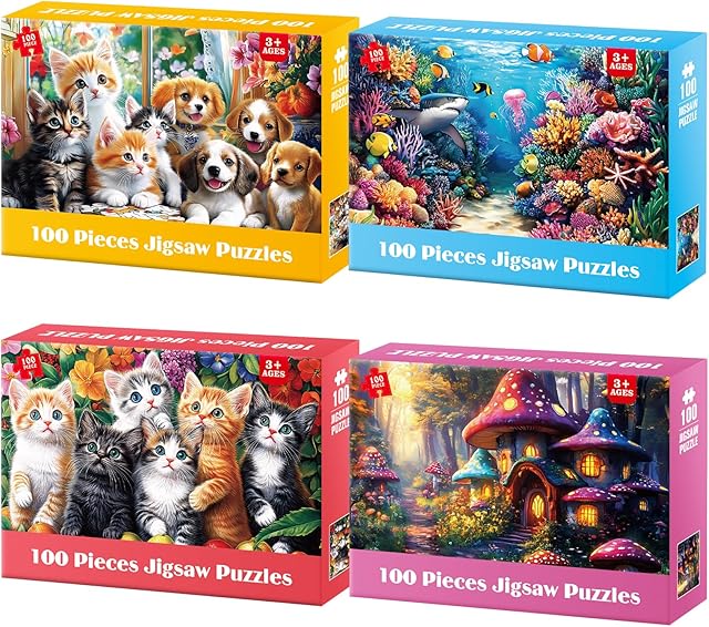 The 4 Packs 100 Piece Puzzles for Kids Ages 4-6 6-8 8-10, Sea World Cats&Dogs Mushroom House Educational Jigsaw Puzzles, Kids Puzzles 5-8 Gifts for Girls Boys