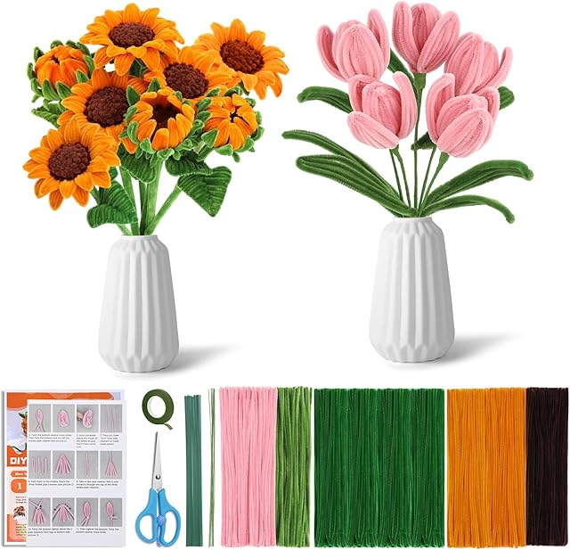 The UzecPk Chenille Stems Pipe Cleaners, Sunflower Pipe Cleaner Flowers Kit with Instructions Craft Supplies Pipe Cleaner Flowers Kit Chenille Stems Pipe Cleaners with