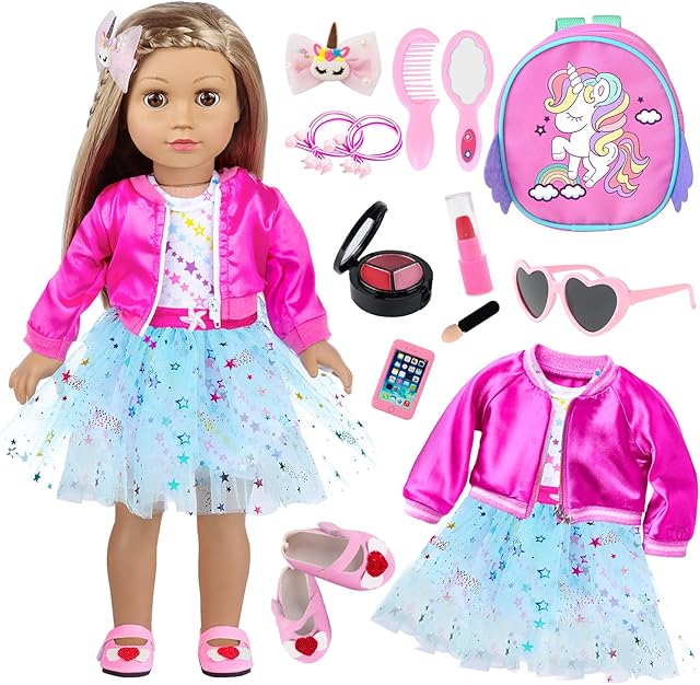 The American 18 Inch Doll Clothes and Makeup Accessories Set Includes Clothes Backpack Sunglasses Phone Shoes Comb Mirror Eye Shadow Lipstick Hair Clip Hair Tie(Doll NOT Included)