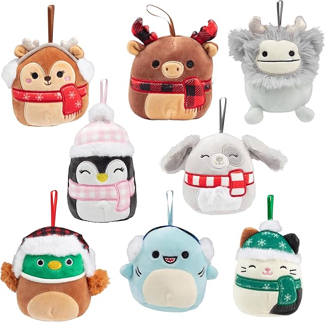 The Squishmallows 4" Mini Plush Christmas Ornaments 8-Pack - Official Jazwares - Includes Cam The Cat, Darla The Fawn & More! Collectible Holiday Decor Squishy & Soft Stuffed Animal Toy - Gift for Kids